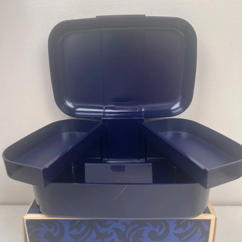 Avon Vintage Navy Blue Makeup Train Case Cantilever Trays Storage Organization